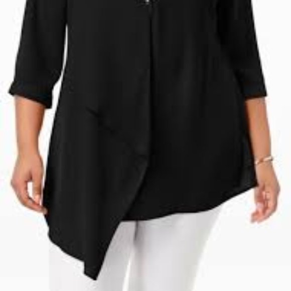 NY Collection Black Assymetrical Draped Blouse - Picture 2 of 14
